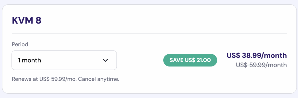 Hostinger KVM 8 price for 1 month
